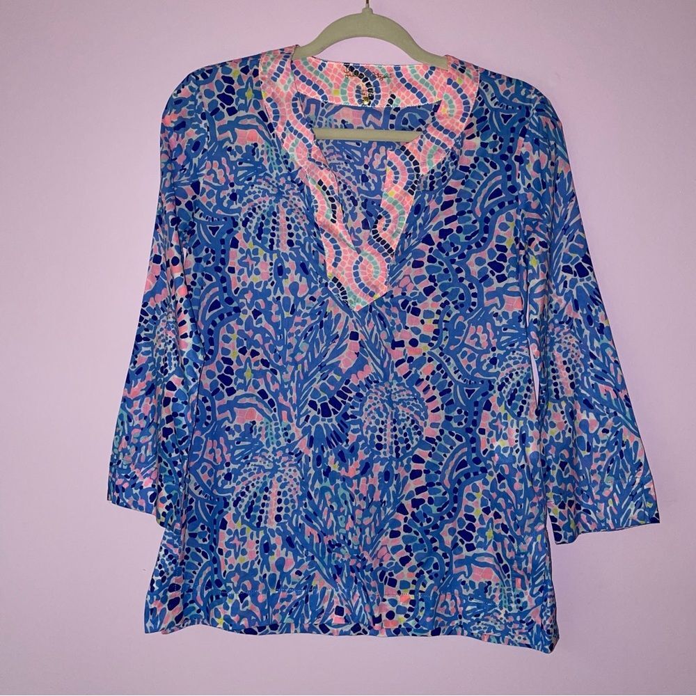 Lilly Pulitzer XS Blouse Cotton Tunic Top 3/4 Sleeve V Neck